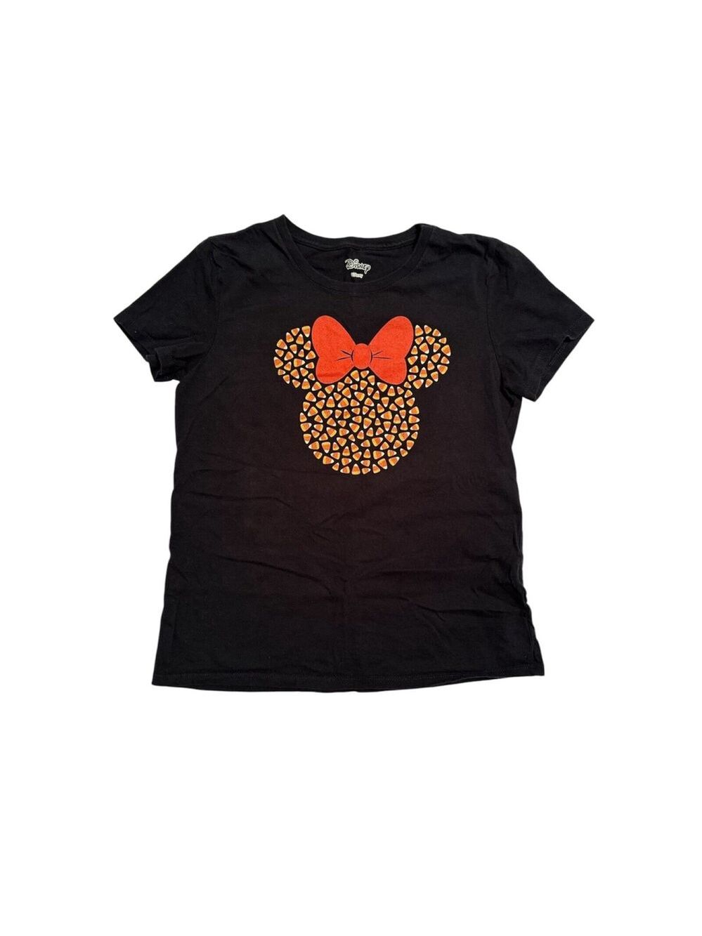 Disney Minnie Mouse Tee Shirt, Girls Small Black Orange Bow Candy Corn